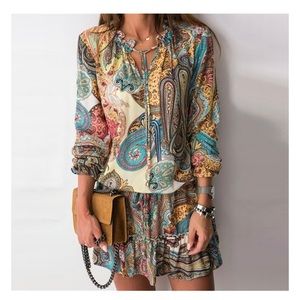 Bohemian Paisley Mini Dress In Blue Tan Design 2XL